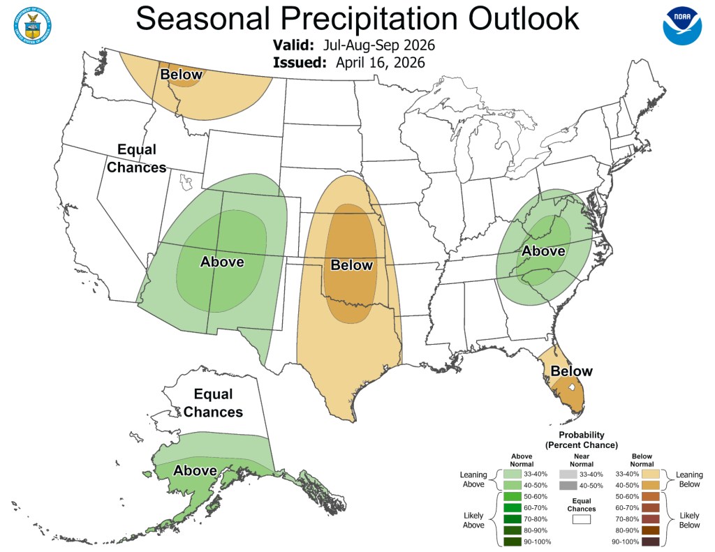 a map showing the chances of above- and below-normal precipitation for different regions of the U.S. Arizona is green, suggesting good chances of above-normal rain