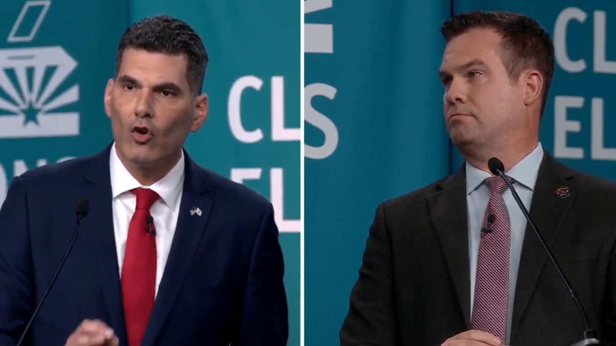 a split screen of rodney glassman and warren petersen during a debate