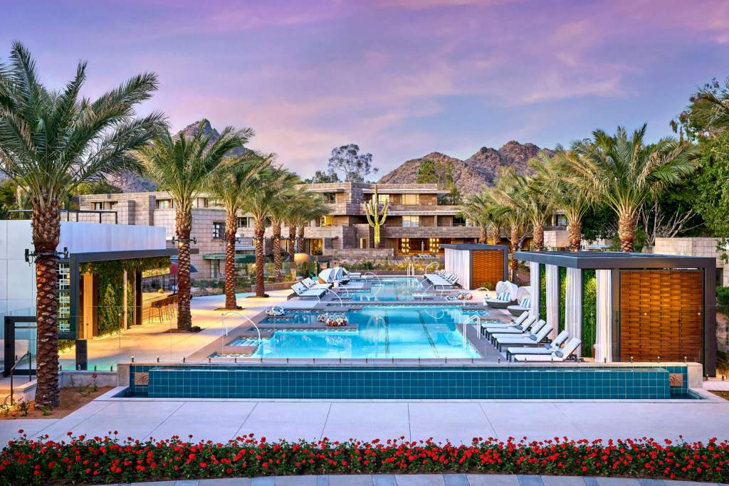 The Saguaro Pool at the Arizona Biltmore in Phoenix at sunsent.