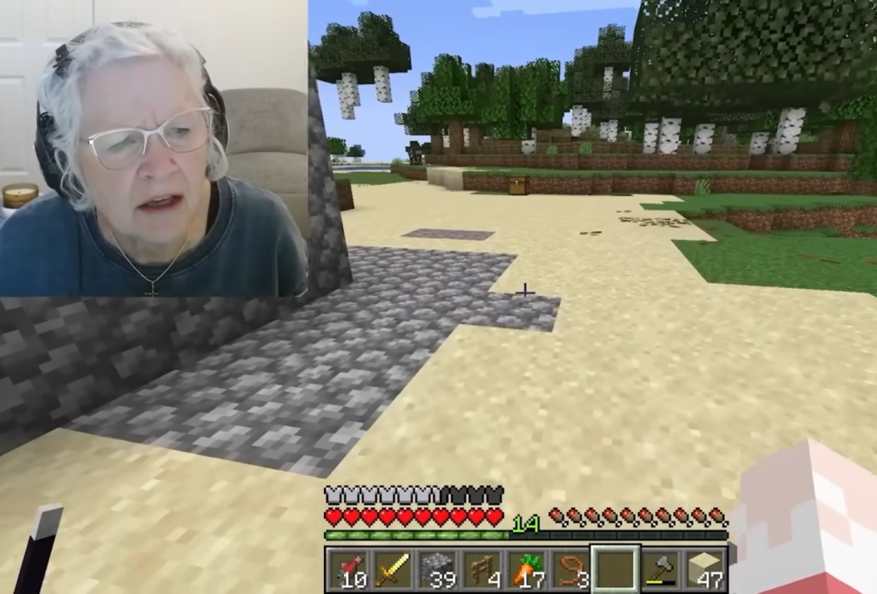 Arizona gamer and YouTuber Sue Jacquot, known as GrammaCrackers, appears on screen during a Minecraft livestream.