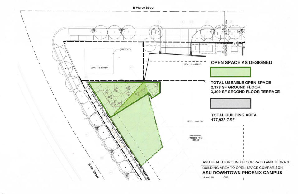 a blue print showing open space for an asu building, with a lot featuring an historic home untouched