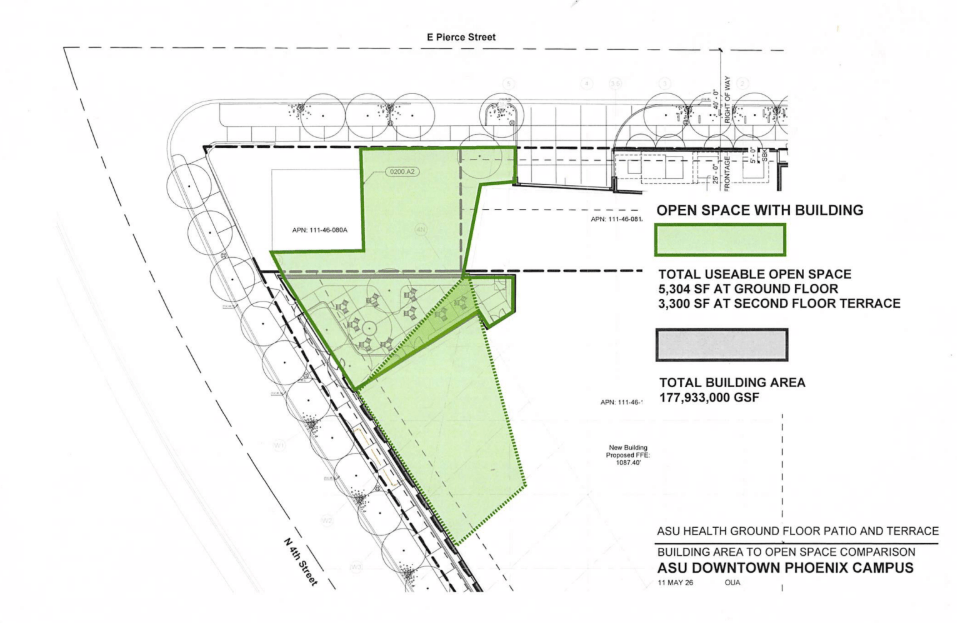 a blue print showing open space for an asu building, using a lot featuring an historic home but keeping the home itself intact
