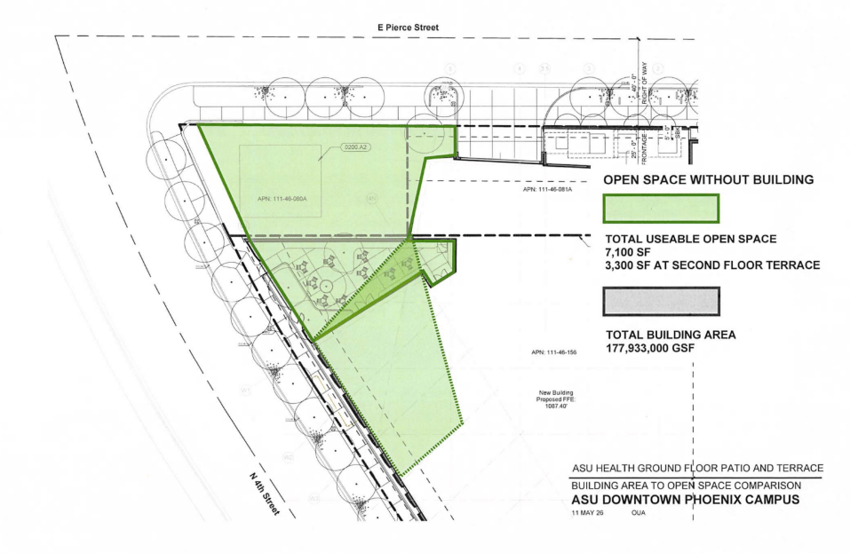 a blue print showing open space for an asu building, using a lot featuring an historic home, which would be removed