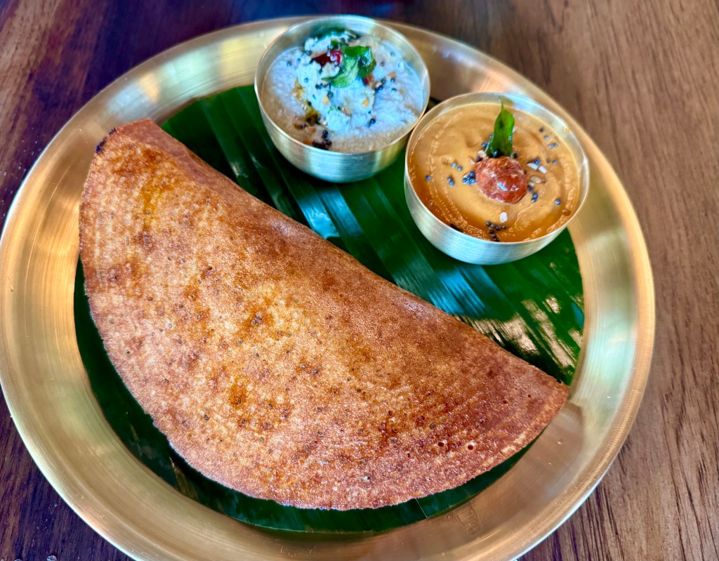 Nadu's benne masala dose and two dipping sauces.