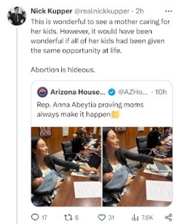 a tweet from nick kupper above a photo of a democratic colleague and her baby, in which he brings up her admission that she had an abortion a year earlier