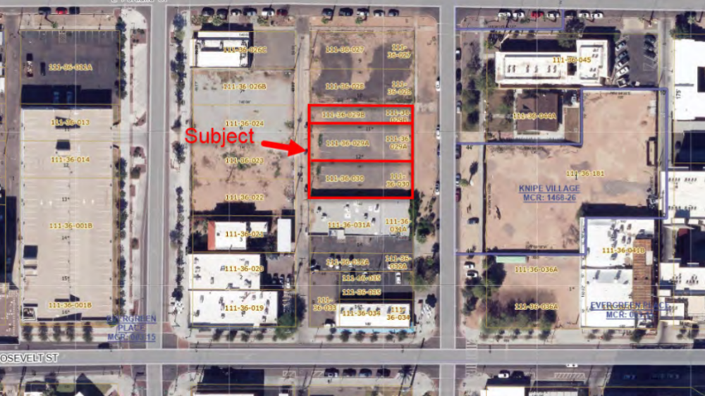 an aerial shot showing the lots on which pennrose intends to build an affordable housing complex