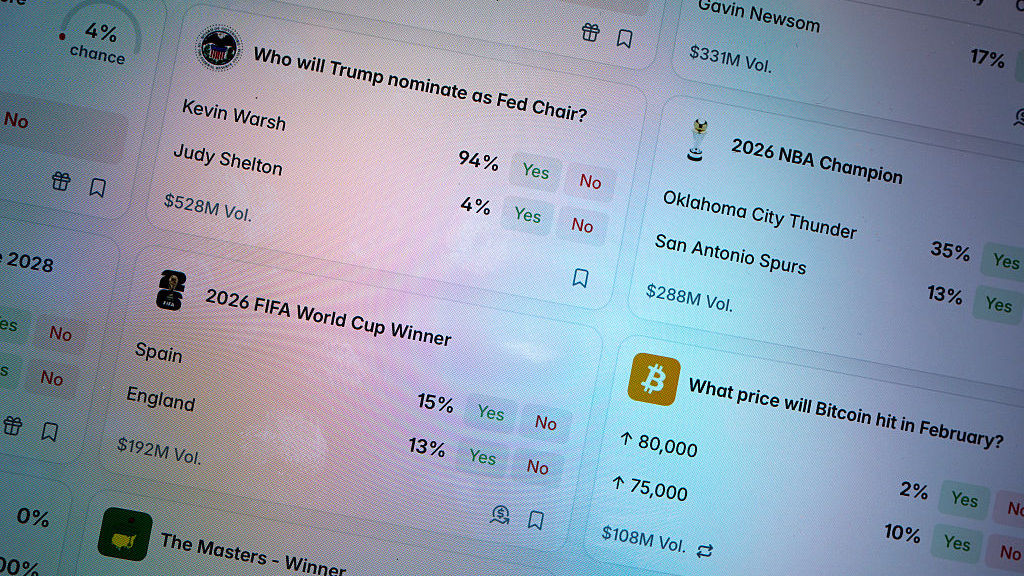 a screen offering polymarket users the ability to bet on a number of events, including who will win the NBA finals and who will be nominated as Fed chair