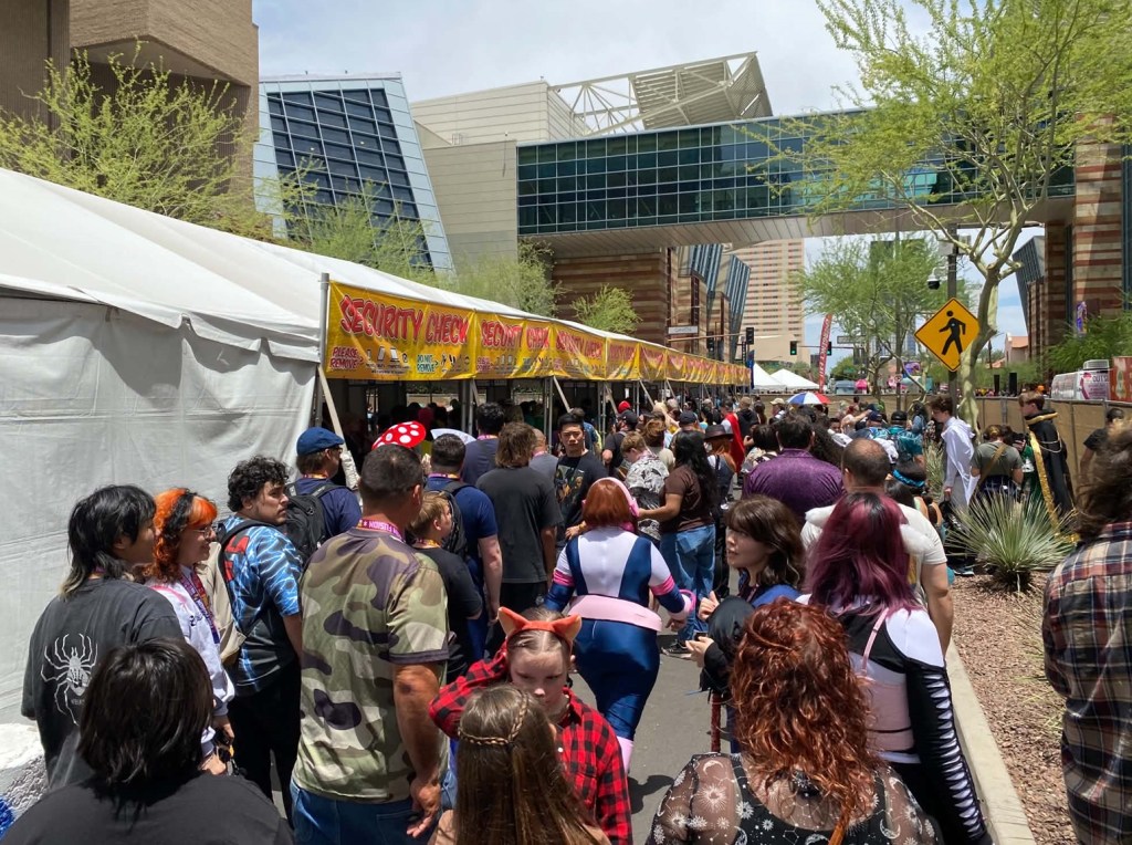 Lines of people waiting to enter Phoenix Fan Fusion 2026 at the Phoenix Convention Center.
