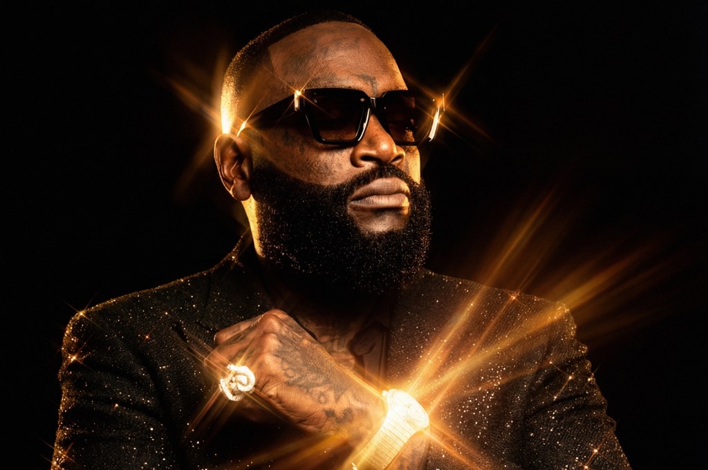 Rick Ross poses in sunglasses and a glittering black jacket against a dark background for a publicity photo.