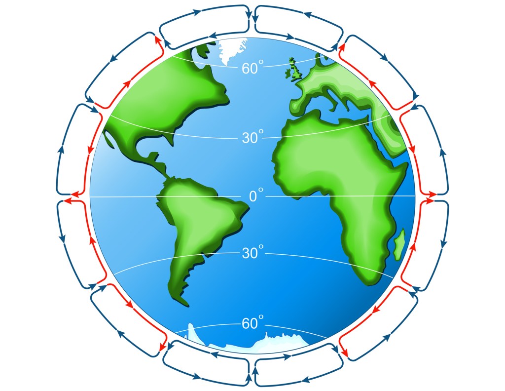 a diagram of the earth showing atmospheric circulation at different latitudes
