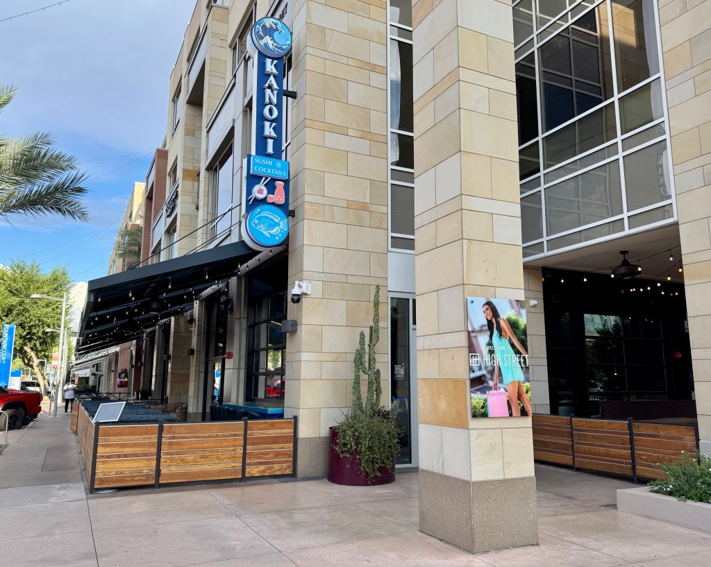 A view of the outside of Kanoki Sushi & Cocktails and its dual patios.