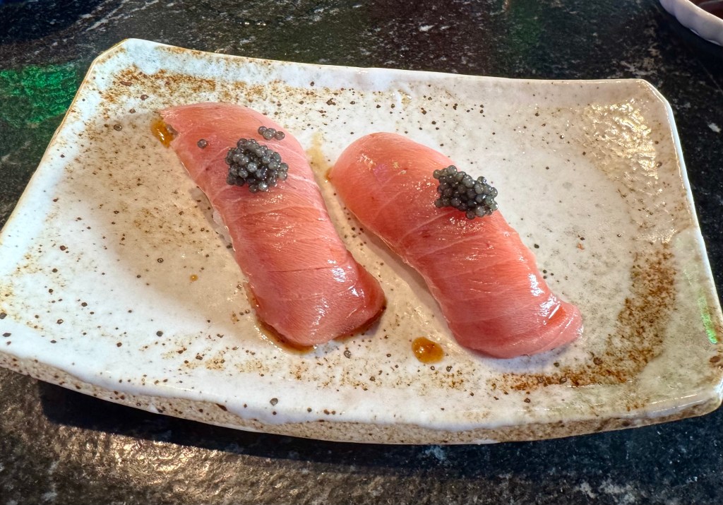 Two pieces of tuna belly nigiri from Kanoki.