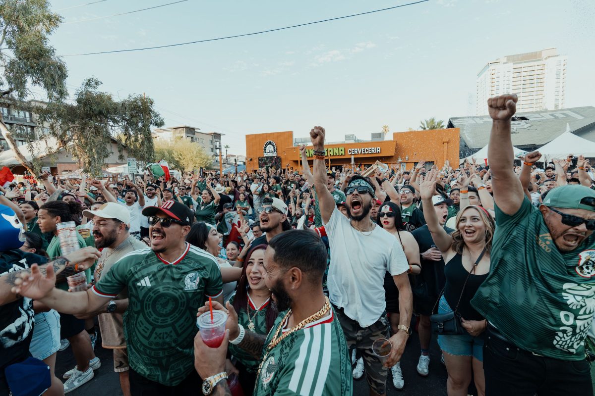 A crowd of more than 1,000 fans outside Sana Sana Cerveceria to watch Mexico play England in the World Cup