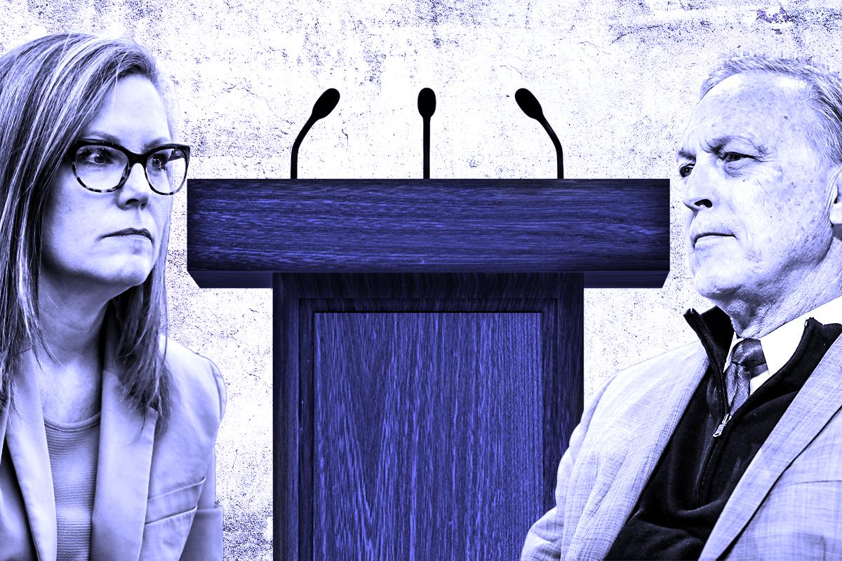 a photo illustration of Katie Hobbs and Andy Biggs looking at a lectern