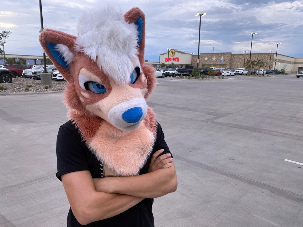 Arizona furry Matty Wuski wears a fursuit mask outside Buc-ee’s in Goodye
