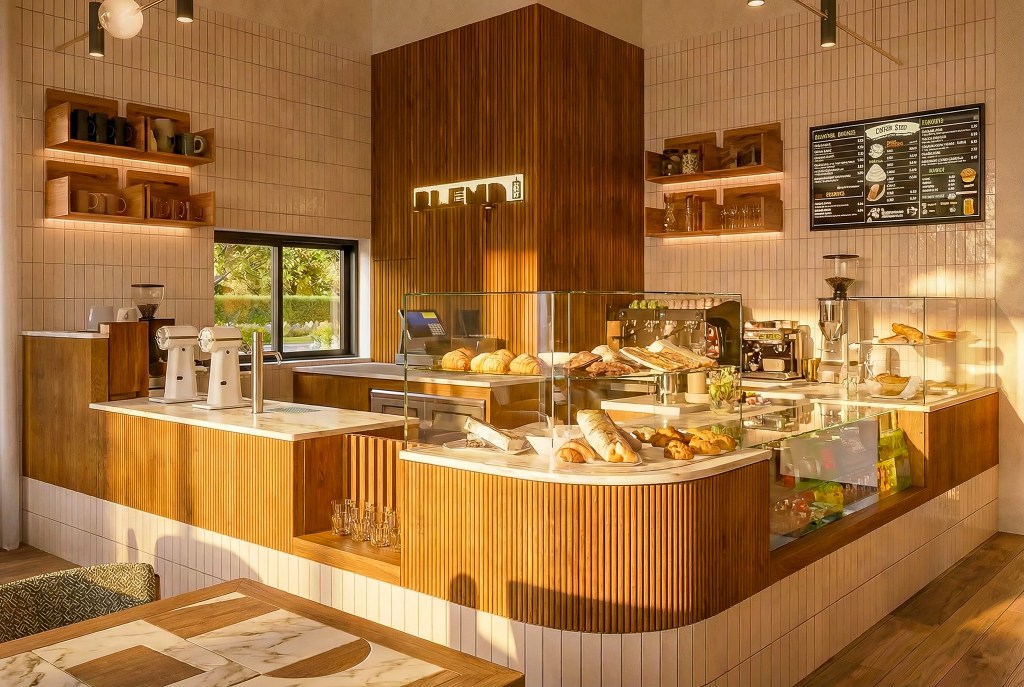 A rendering of Blend Cafe inside Denū Hotel & Spa.