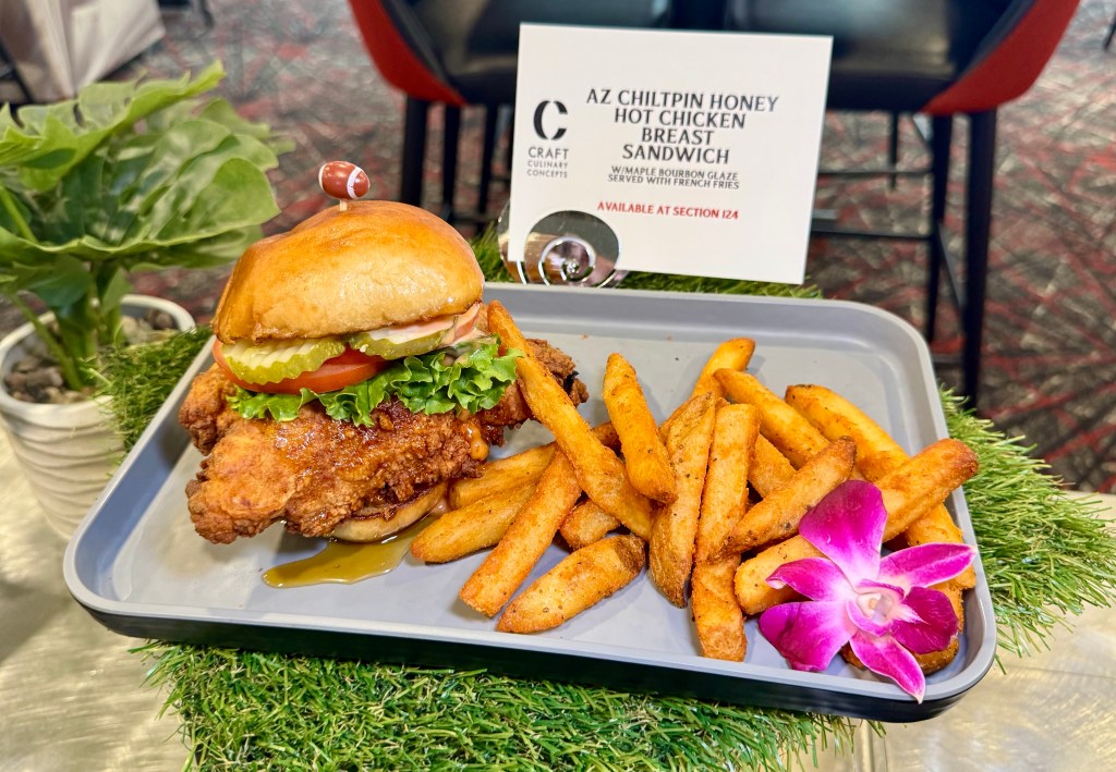 A try with a fried chicken sandwich and fries.