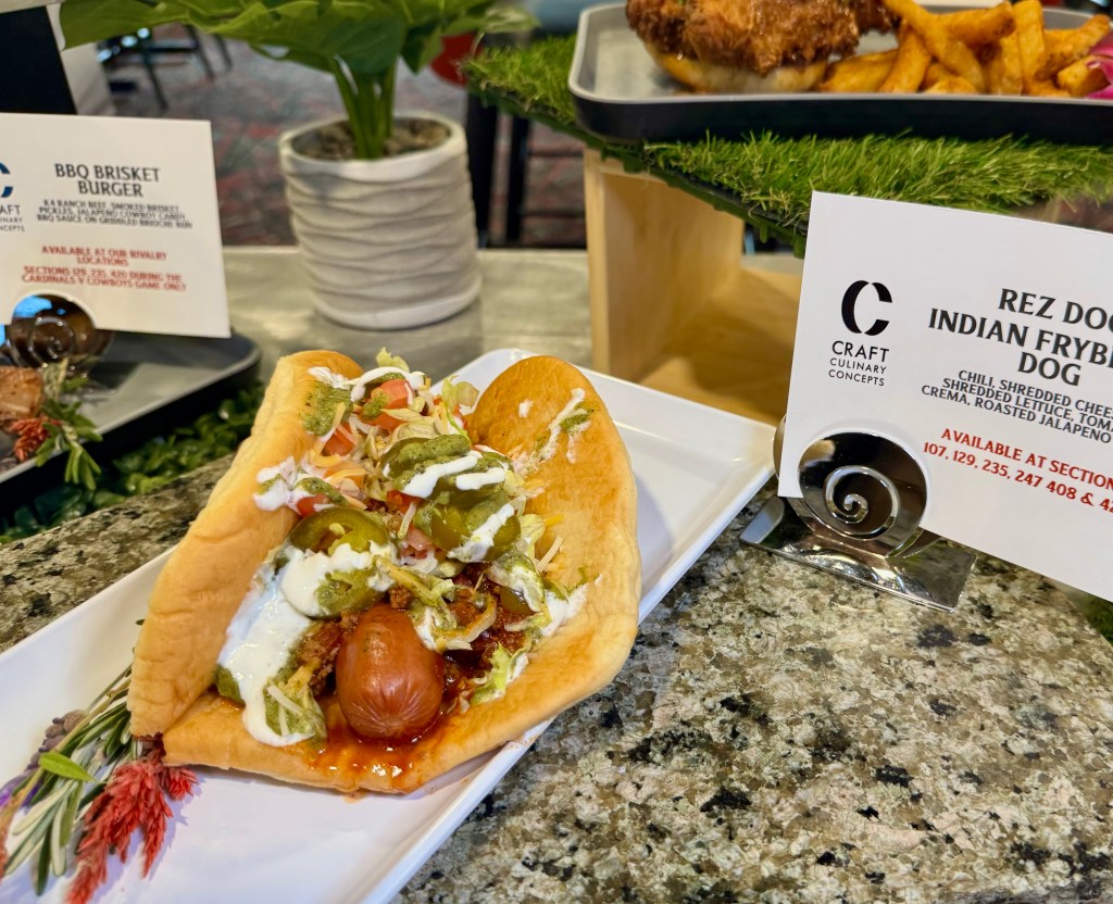 The Rez Dog Indian Frybread Dog at State Farm Stadium.