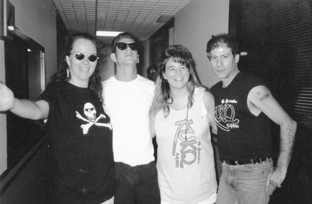 Mary McCann poses with Mike Ness, Leah Miller and Jonathan L. Rosen at Phoenix alternative radio station KUKQ in the late 1980s.