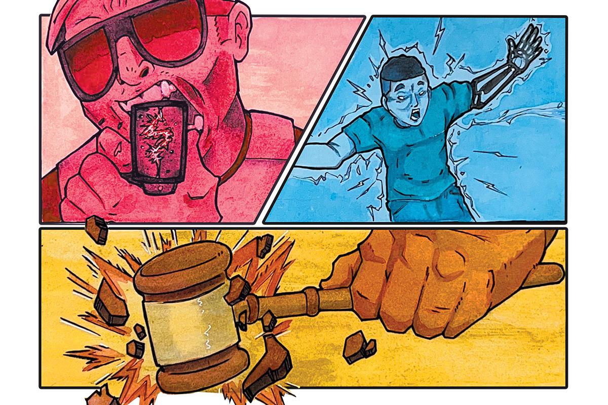 a three-panel illustration shows a cop with a Taser, a man getting shocked, and a gavel slamming