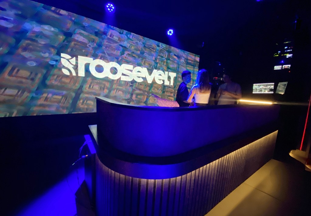 The DJ booth and video wall inside Roosevelt in downtown Phoenix.