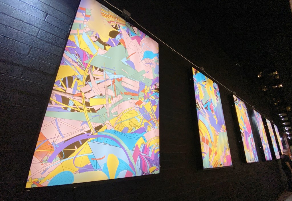 Colorful illuminated art panels line the patio outside of Roosevelt nightclub in downtown Phoenix