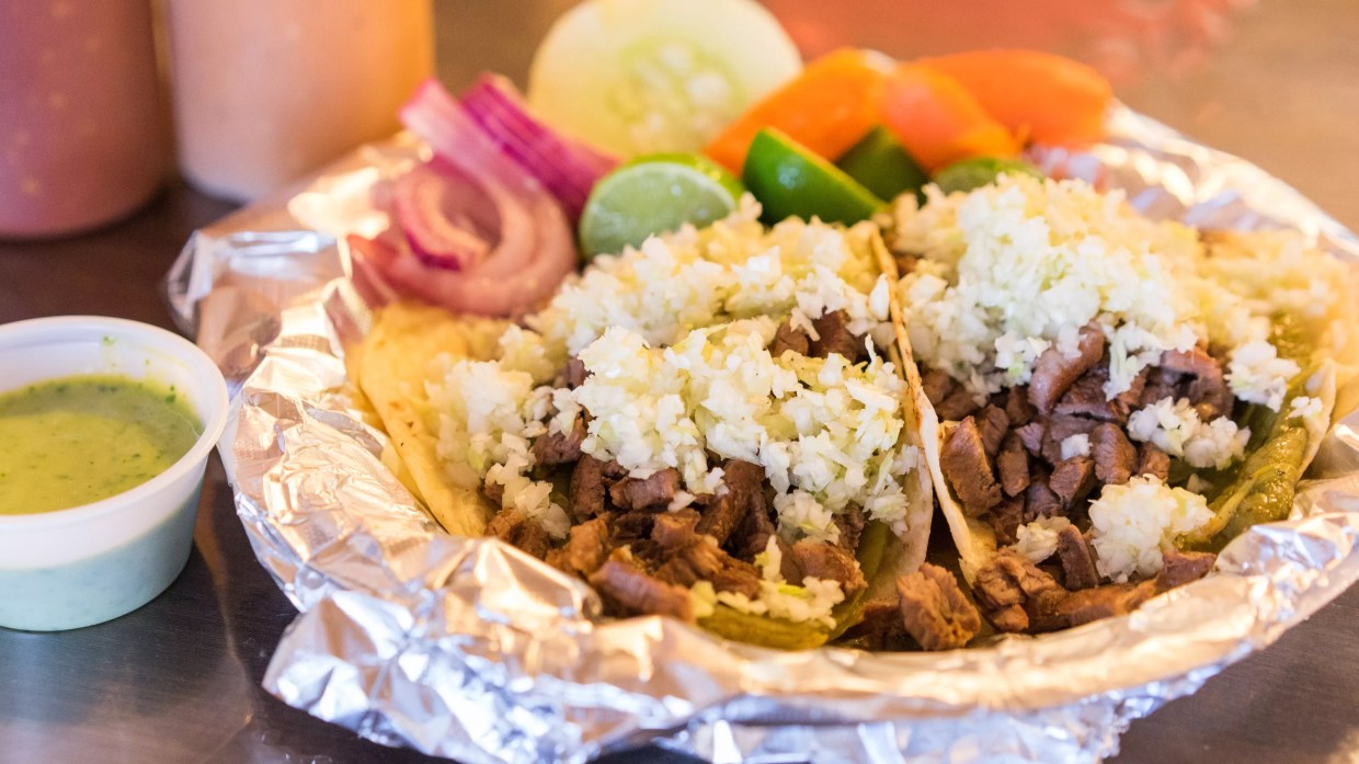 Taco Summer: “Macho Tacos”  Loaded with Whole Chile, Monterey Jack, Cabbage, and Carne Asada