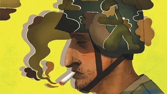 an illustration of a soldier in a helmet and camouflage smoking a joint