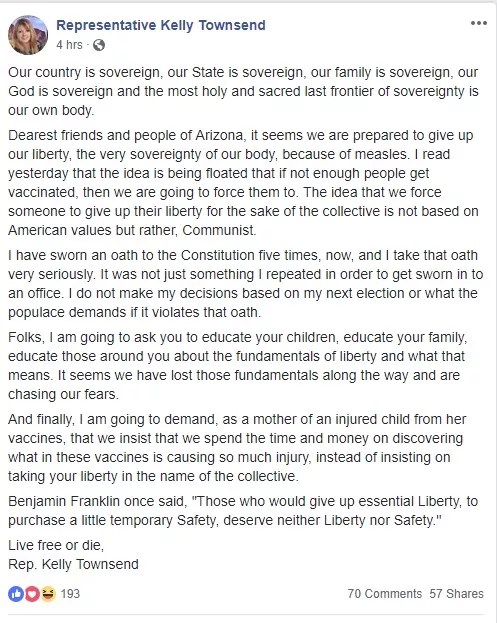 Arizona Lawmaker Kelly Townsend Compares Vaccines to Communism