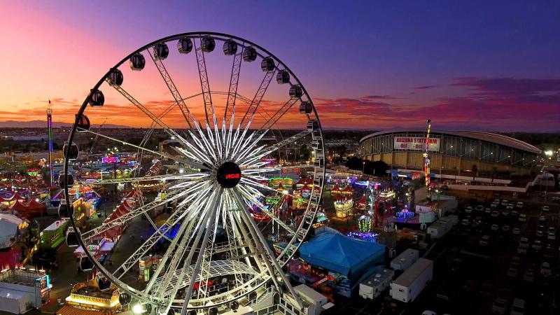 A Ferris wheel and other rides at a state fair.
