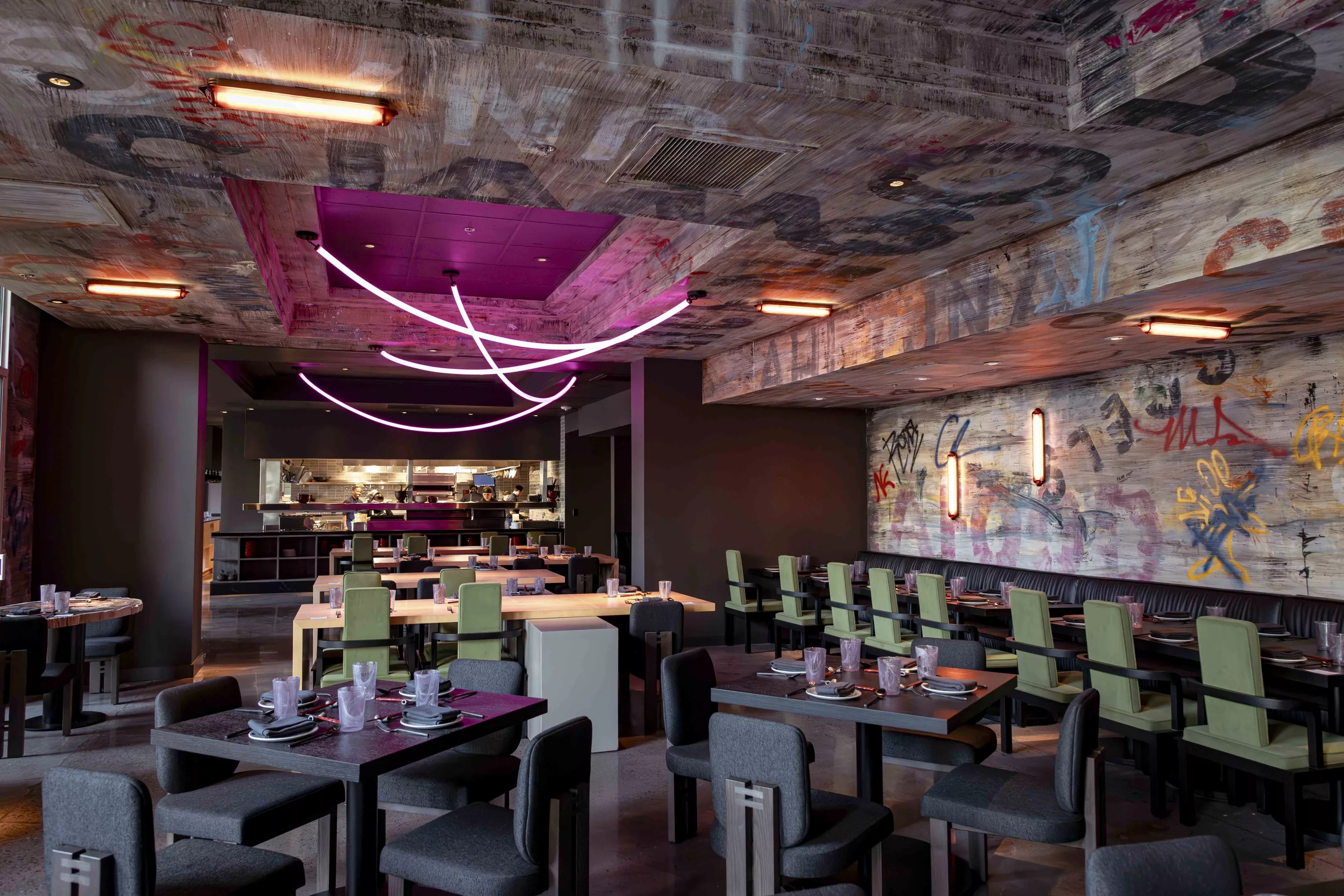 The dining room at Kembara decorated with graffiti.