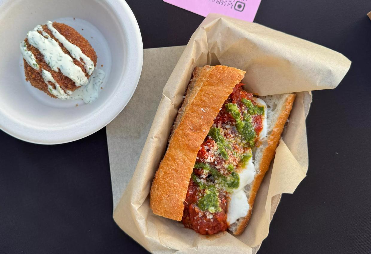 Sorrelle's meatball hero and arancini.