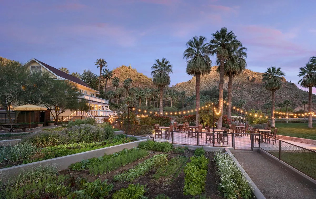 A resort at dusk.
