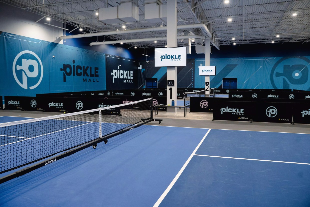An indoor pickleball court.