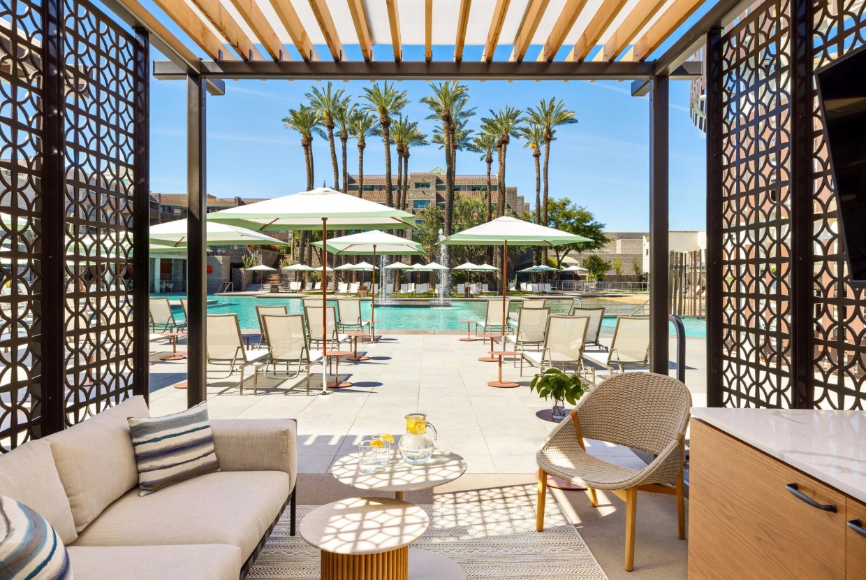 A cabana at a hotel pool.