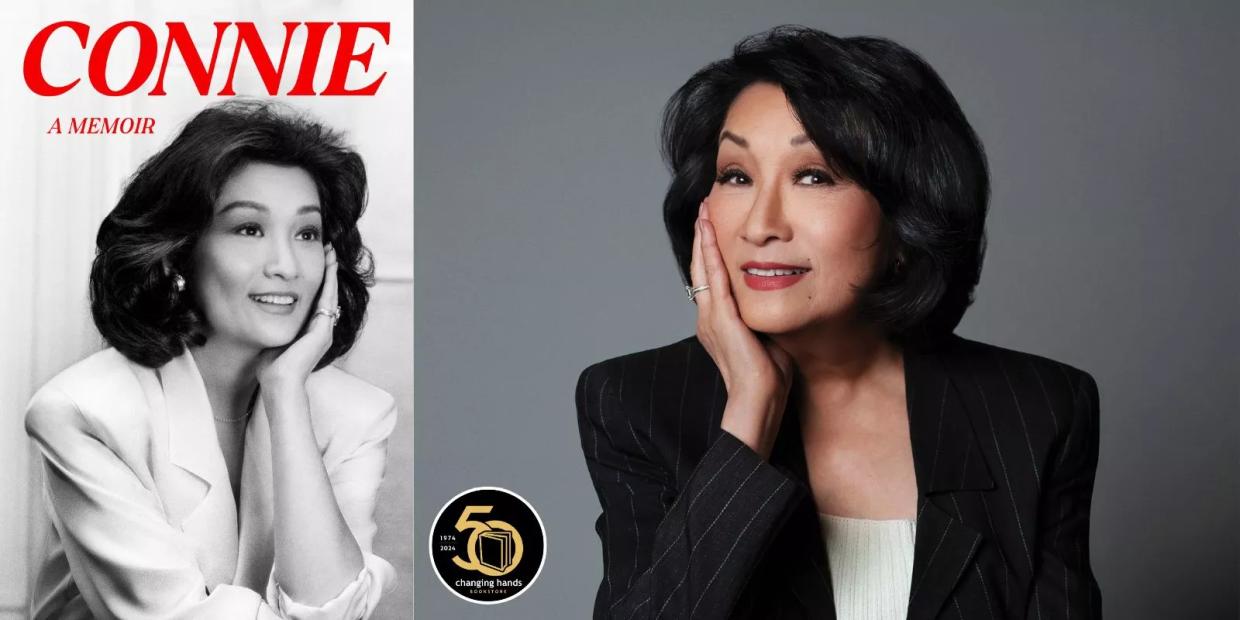 A composite image of a book cover and an Asian woman.