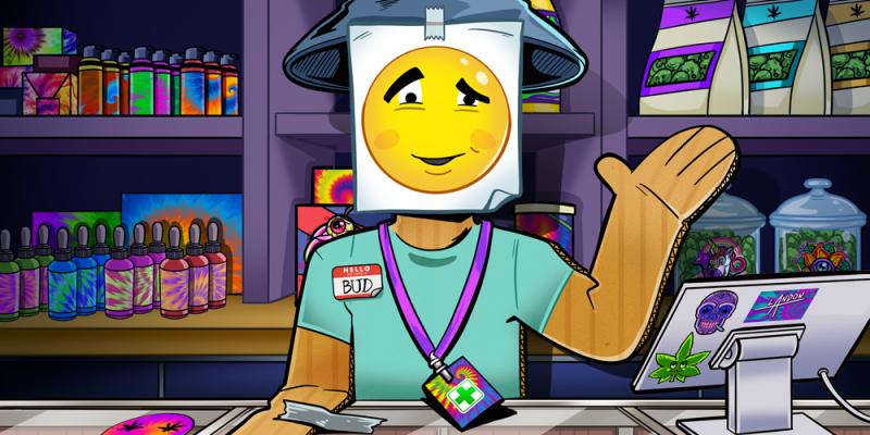 an illustration of a cardboard budtender with a quizzical look on its face