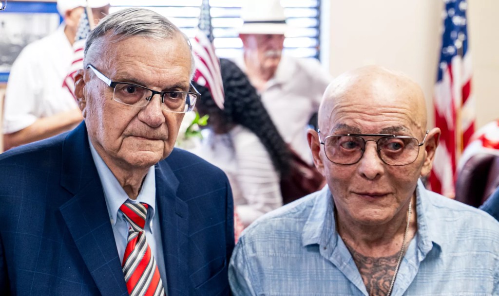 joe arpaio and sammy the bull gravano, the latter bald with tattoos on his chest
